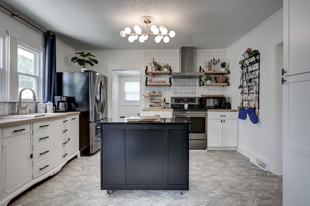 1508 S Moffet Ave, Joplin, MO 64804 - kitchen with stainless steel range with electric stovetop, wall chimney range hood, open shelves, fridge with ice dispenser, and a textured ceiling