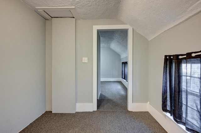 1027 S Orner St, Carthage, MO 64836 - spare room featuring a textured ceiling, vaulted ceiling, and carpet flooring