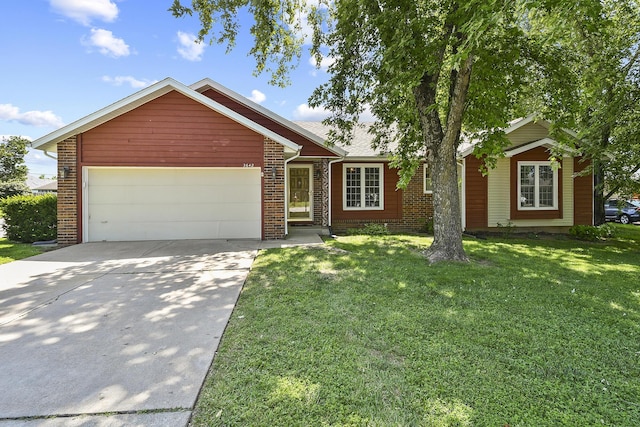 3642 N Olive Ct, Springfield, MO 65803 - ranch-style house with an attached garage, driveway, brick siding, and a front lawn