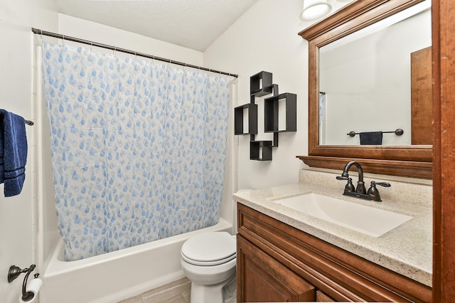 3642 N Olive Ct, Springfield, MO 65803 - bathroom featuring vanity, shower / bathtub combination with curtain, and a textured ceiling