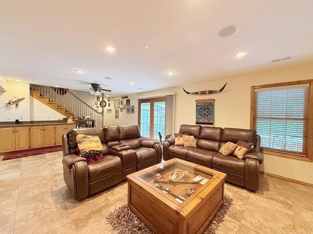 3086 S Suburban Ave, Springfield, MO 65807 - living area with stairs, a ceiling fan, recessed lighting, and light tile patterned floors