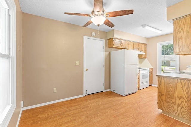 502 Sunrise St, Strafford, MO 65757 - kitchen with white appliances, ceiling fan, light wood-style flooring, light countertops, and under cabinet range hood