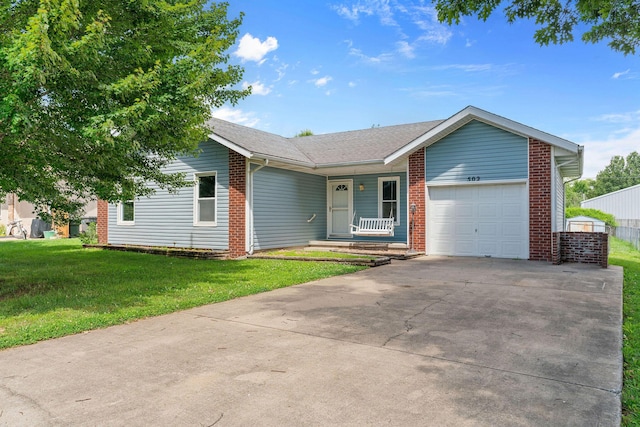 502 Sunrise St, Strafford, MO 65757 - ranch-style home with an attached garage, driveway, a front yard, brick siding, and roof with shingles