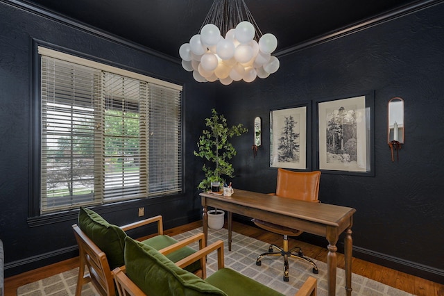 1421 N Rockingham Ave, Nixa, MO 65714 - office space featuring wood finished floors, a chandelier, healthy amount of natural light, and crown molding