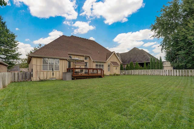 1421 N Rockingham Ave, Nixa, MO 65714 - rear view of house with a fenced backyard, a wooden deck, a shingled roof, and board and batten siding