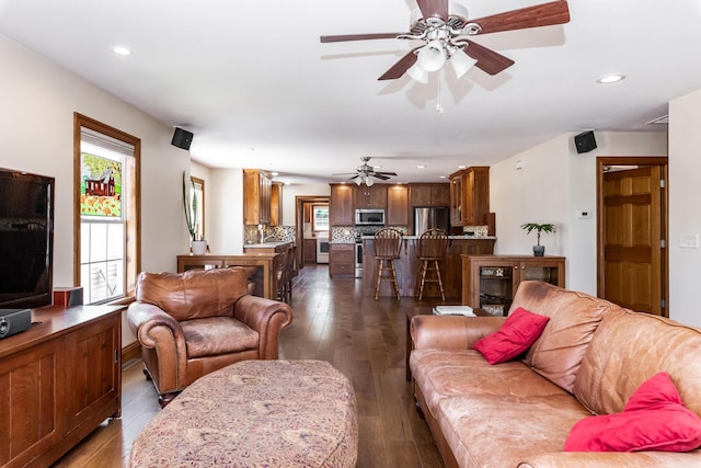 120 E Kennedy Blvd, Buffalo, MO 65622 - living area featuring healthy amount of natural light, a ceiling fan, recessed lighting, and dark wood-style floors