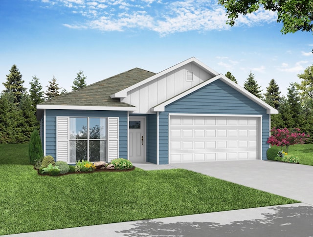3116 E 11th St, Joplin, MO 64801 - single story home featuring board and batten siding, an attached garage, driveway, a front yard, and roof with shingles