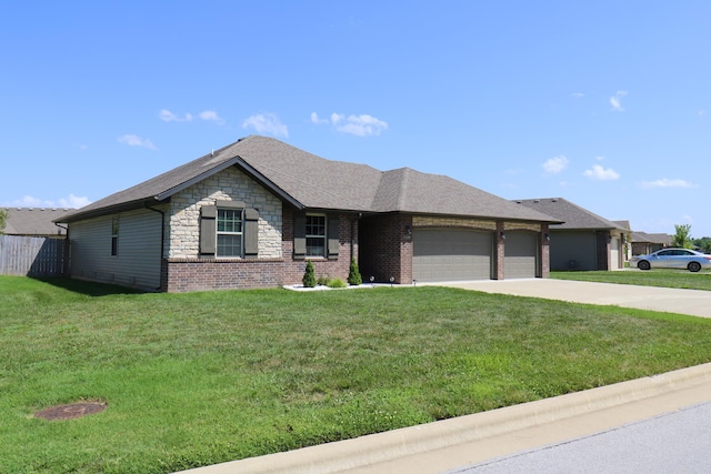 1224 S Mulberry Ave, Springfield, MO 65802 - single story home featuring an attached garage, concrete driveway, stone siding, a shingled roof, and brick siding