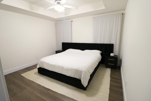 1224 S Mulberry Ave, Springfield, MO 65802 - bedroom featuring a tray ceiling, wood finished floors, and ceiling fan