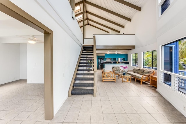 76-6280-C Alii Dr, Kailua-Kona, HI 96740 - stairs featuring tile patterned flooring, high vaulted ceiling, beamed ceiling, and ceiling fan