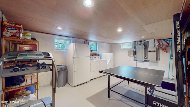 147 W Shore Rd, Shohola, PA 18458 - game room with concrete block wall, wooden ceiling, electric panel, recessed lighting, and separate washer and dryer