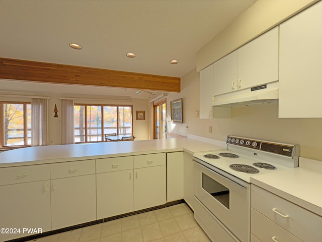 kitchen featuring beamed ceiling, white range with electric stovetop, kitchen peninsula, and a wealth of natural light