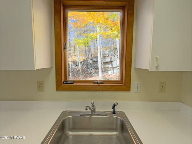 room details featuring light countertops, white cabinets, and a sink