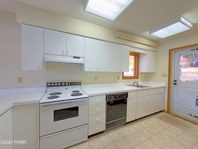 kitchen with dishwasher, sink, white cabinetry, and white electric stove