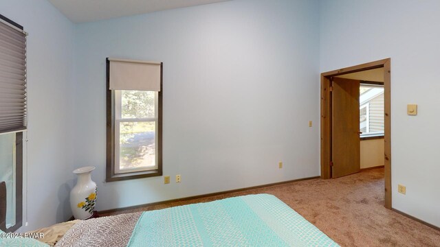 bedroom with light colored carpet