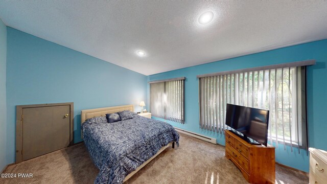 bedroom featuring carpet flooring, lofted ceiling, a textured ceiling, and a baseboard heating unit