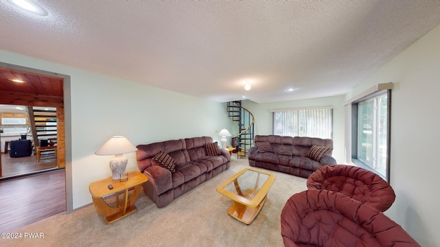 living room featuring a textured ceiling and light colored carpet