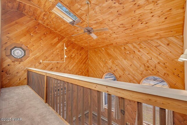 hallway with a skylight, wooden walls, and carpet