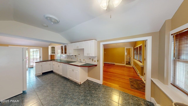 27 Maple Trail, Trail, NY 12790 - kitchen with white appliances, lofted ceiling, glass insert cabinets, a baseboard radiator, and dark countertops