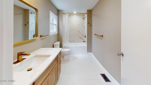 bathroom with shower / tub combo, baseboards, visible vents, toilet, and vanity