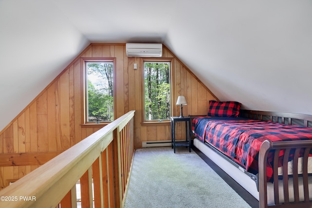 carpeted bedroom with a wall unit AC, vaulted ceiling, a baseboard radiator, and wooden walls