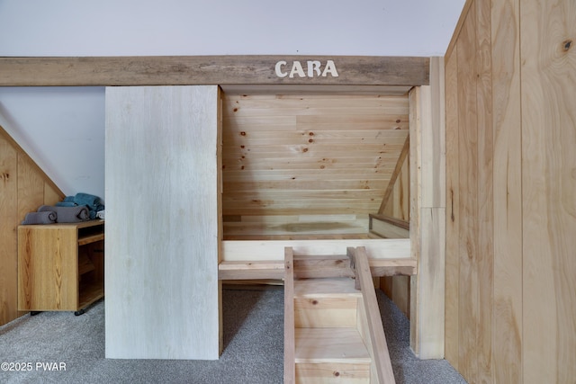 sauna / steam room featuring carpet flooring and wood walls