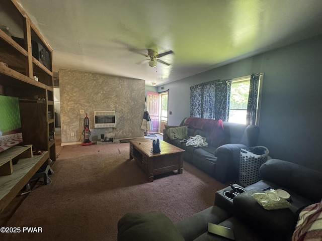 3205 Creamton Dr, Lake Como, PA 18437 - living room featuring heating unit, ceiling fan, and carpet flooring