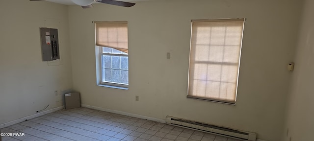 unfurnished room featuring ceiling fan, light tile patterned floors, baseboards, and a baseboard radiator