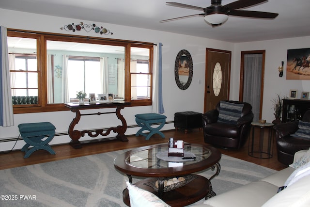 living room with ceiling fan and wood-type flooring