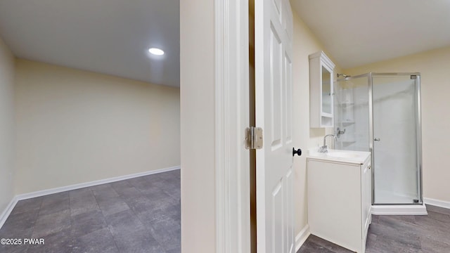 136 Heaters Hill Rd, Matamoras, PA 18336 - bathroom featuring a shower stall, vanity, and recessed lighting