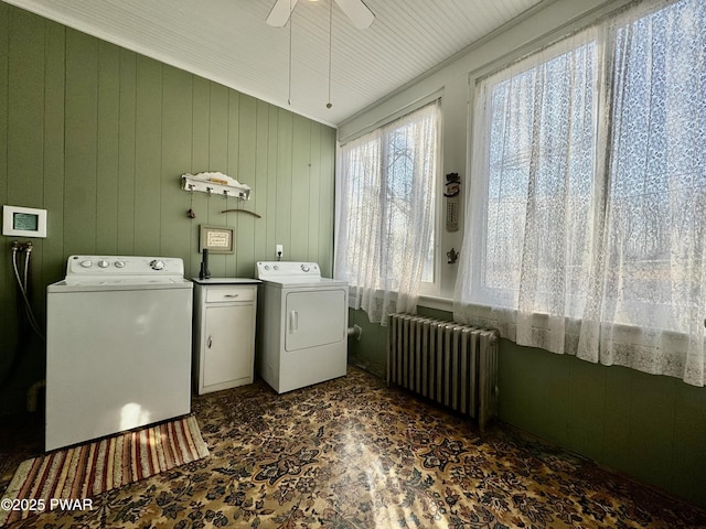 29 Carbondale Rd, Waymart, PA 18472 - laundry area with laundry area, radiator heating unit, washing machine and dryer, and ceiling fan