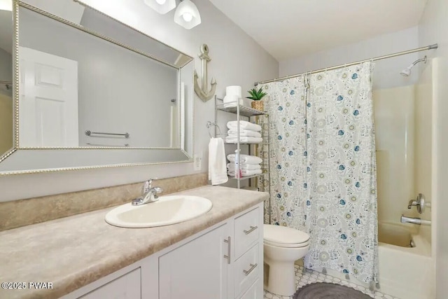 bathroom with tile patterned floors, toilet, vanity, and shower / bathtub combination with curtain