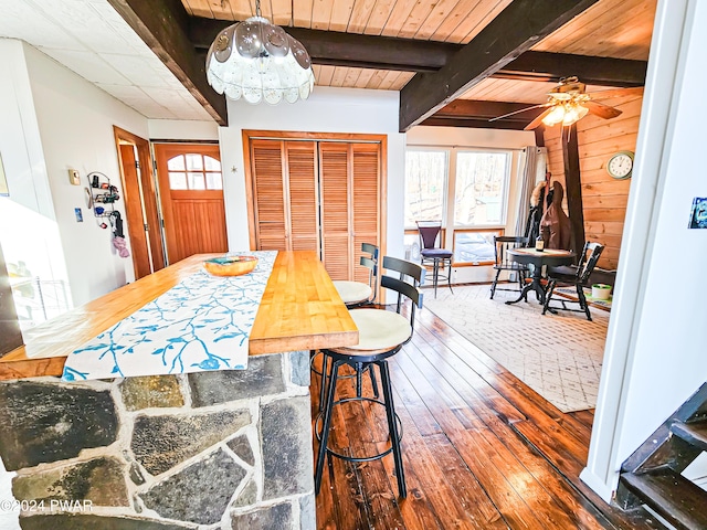 dining room featuring beam ceiling, ceiling fan, wood walls, and hardwood / wood-style floors