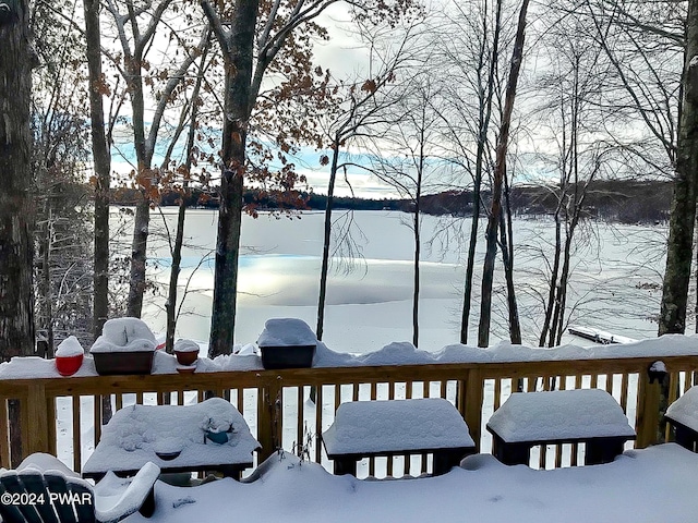 176 Fawn Lake Dr, Hawley, PA 18428 - snow covered deck featuring a water view