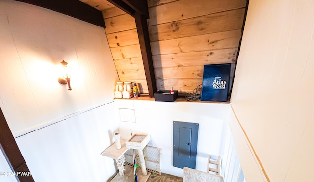 176 Fawn Lake Dr, Hawley, PA 18428 - stairs featuring electric panel and wooden walls