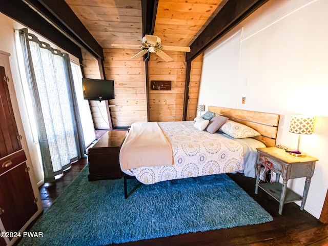 bedroom featuring wood walls, wooden ceiling, dark wood-type flooring, ceiling fan, and beam ceiling