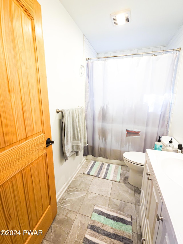 176 Fawn Lake Dr, Hawley, PA 18428 - bathroom with vanity, toilet, curtained shower, baseboards, and marble finish floors