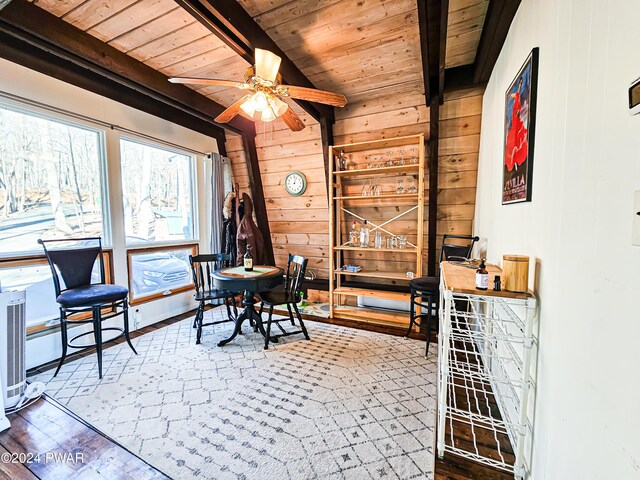 office space with beamed ceiling, ceiling fan, wooden ceiling, and wooden walls