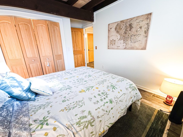 bedroom with hardwood / wood-style flooring and a closet