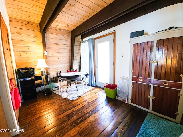 interior space featuring beamed ceiling, dark wood-type flooring, wooden ceiling, and wood walls