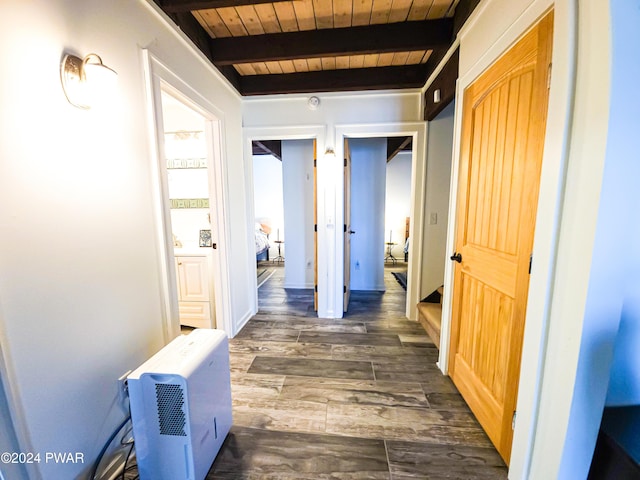 hallway featuring beamed ceiling, dark hardwood / wood-style flooring, and wooden ceiling