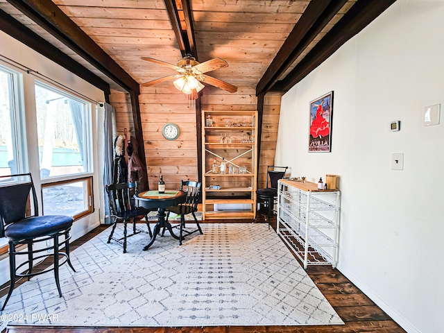 dining area with ceiling fan, wood walls, wooden ceiling, and dark hardwood / wood-style floors