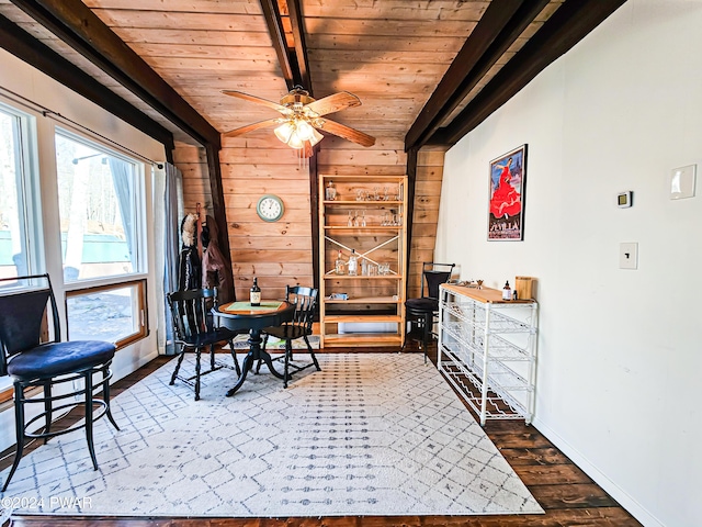 176 Fawn Lake Dr, Hawley, PA 18428 - office featuring wooden ceiling with exposed beams, wood walls, dark wood-style flooring, a ceiling fan, and baseboards