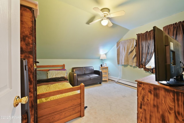 carpeted bedroom featuring ceiling fan, a baseboard heating unit, and vaulted ceiling