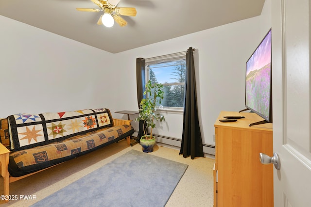 interior space featuring ceiling fan and a baseboard radiator