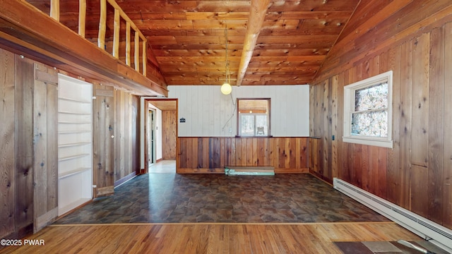 spare room featuring lofted ceiling, baseboard heating, wooden walls, dark hardwood / wood-style floors, and wooden ceiling