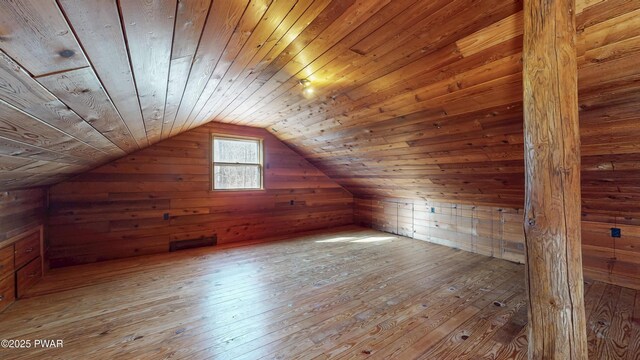 additional living space with lofted ceiling, wooden walls, light hardwood / wood-style flooring, and wooden ceiling