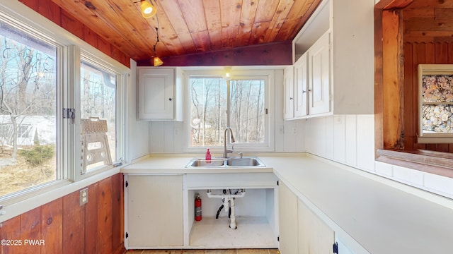 office area with wooden walls, sink, a wealth of natural light, and wood ceiling