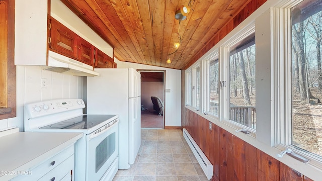 kitchen with a baseboard radiator, white electric range, lofted ceiling, and plenty of natural light