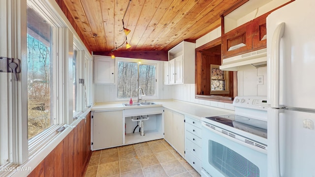 kitchen featuring light tile patterned flooring, sink, white cabinetry, wood ceiling, and white appliances